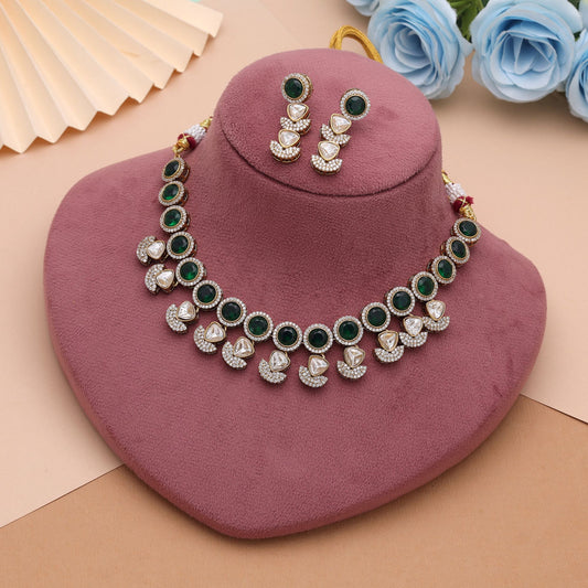 Green Color American Diamond Navratna Polki Necklace Set with Beautiful Ethnic Jewelry Finish