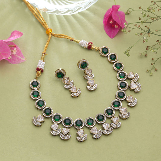 Green Color American Diamond Navratna Polki Necklace Set with Beautiful Ethnic Jewelry Finish
