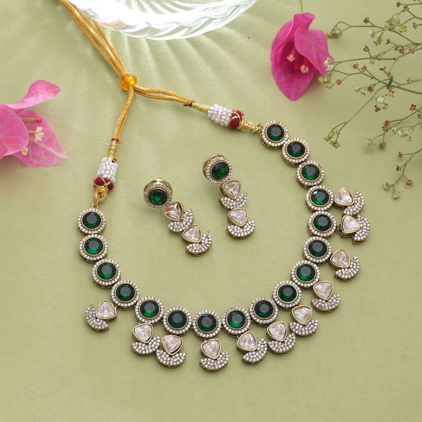 Green Color American Diamond Navratna Polki Necklace Set with Beautiful Ethnic Jewelry Finish
