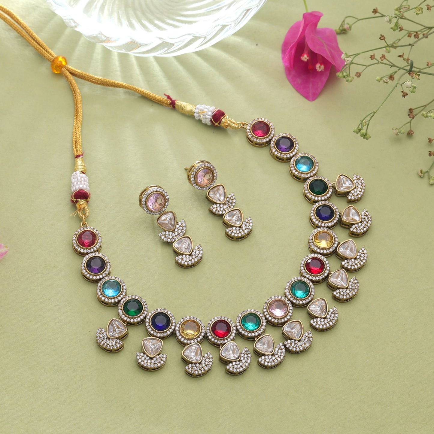 Multi Color American Diamond Navratna Polki Necklace Set with Royal Bridal Jewelry Appeal