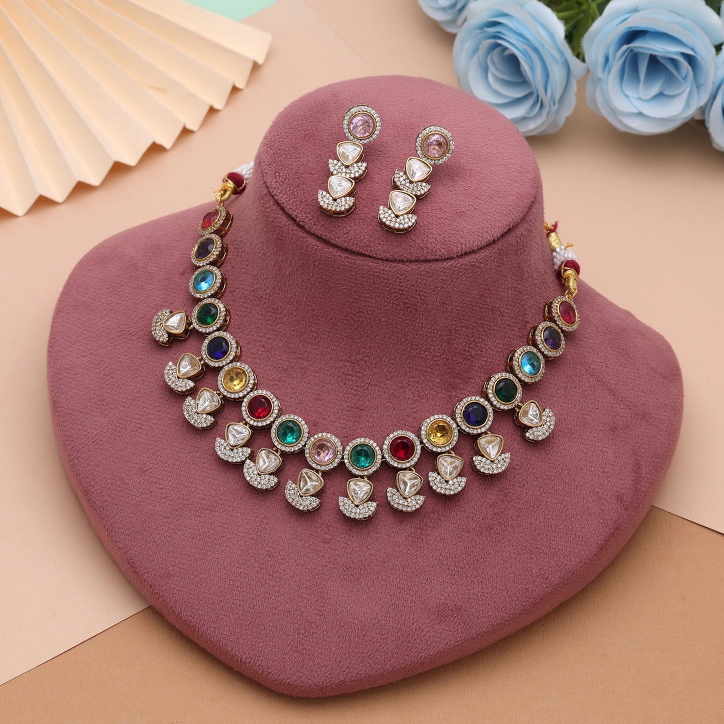 Multi Color American Diamond Navratna Polki Necklace Set with Royal Bridal Jewelry Appeal