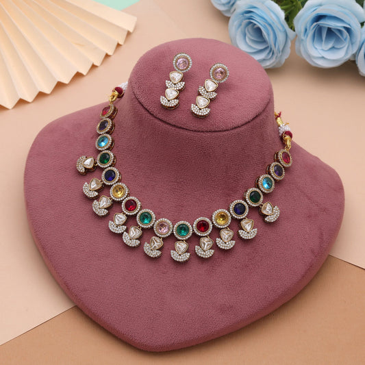 Multi Color American Diamond Navratna Polki Necklace Set with Royal Bridal Jewelry Appeal