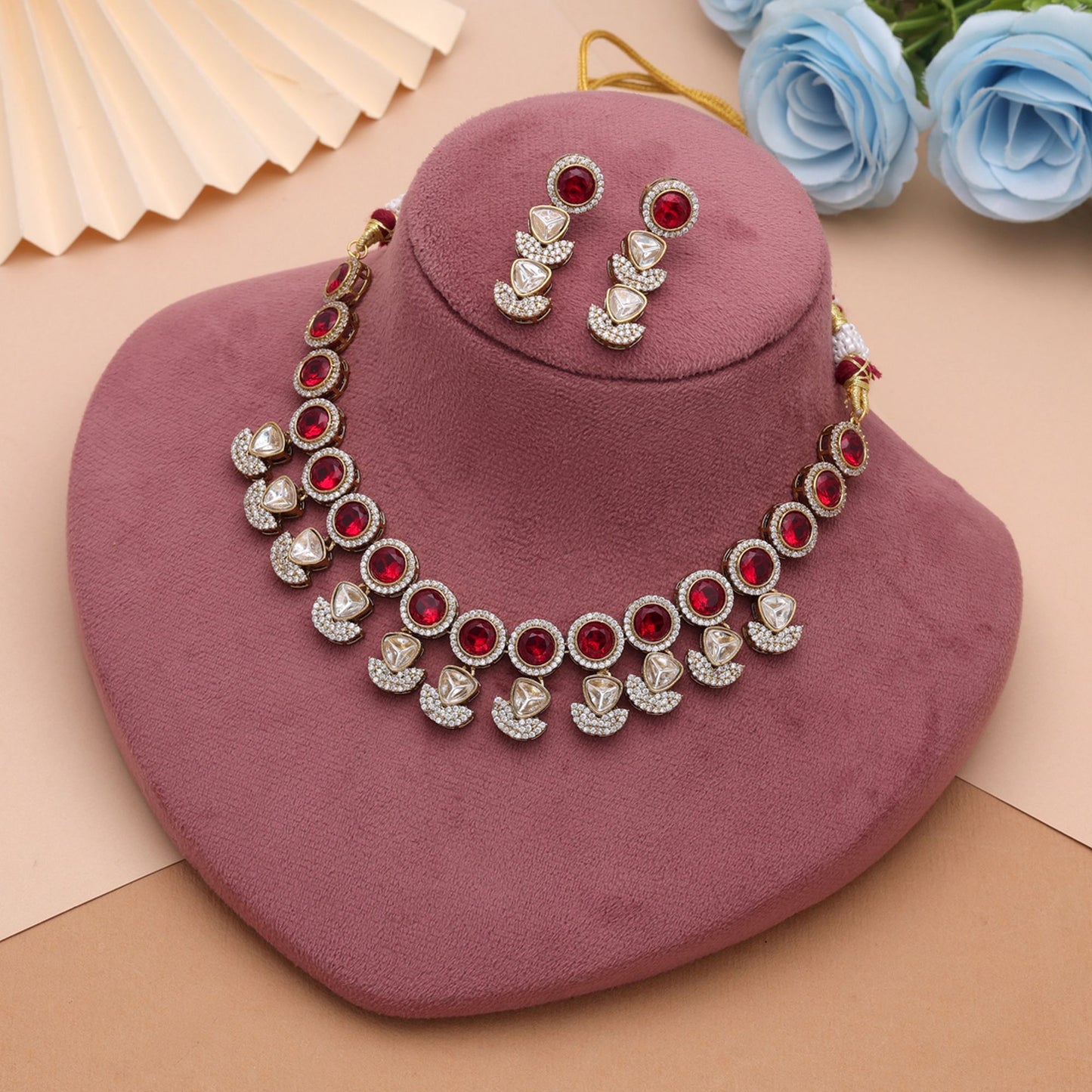 Red Color American Diamond Navratna Polki Necklace Set Featuring Elegant Traditional Style