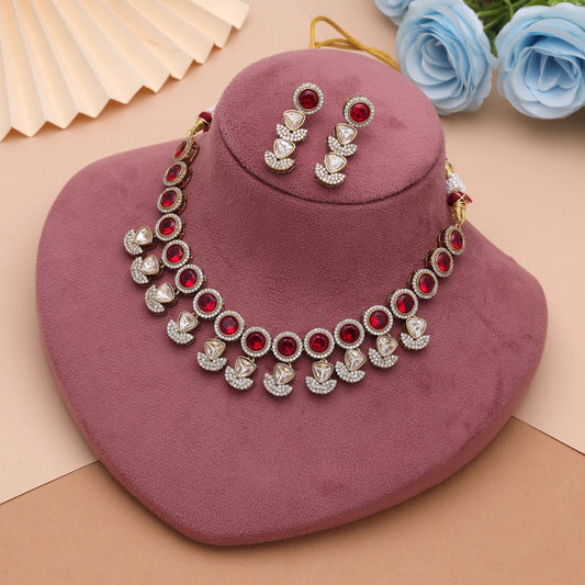 Red Color American Diamond Navratna Polki Necklace Set Featuring Elegant Traditional Style