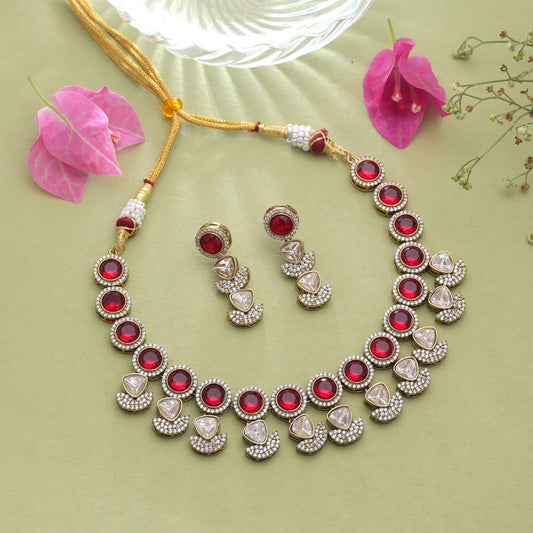 Red Color American Diamond Navratna Polki Necklace Set Featuring Elegant Traditional Style