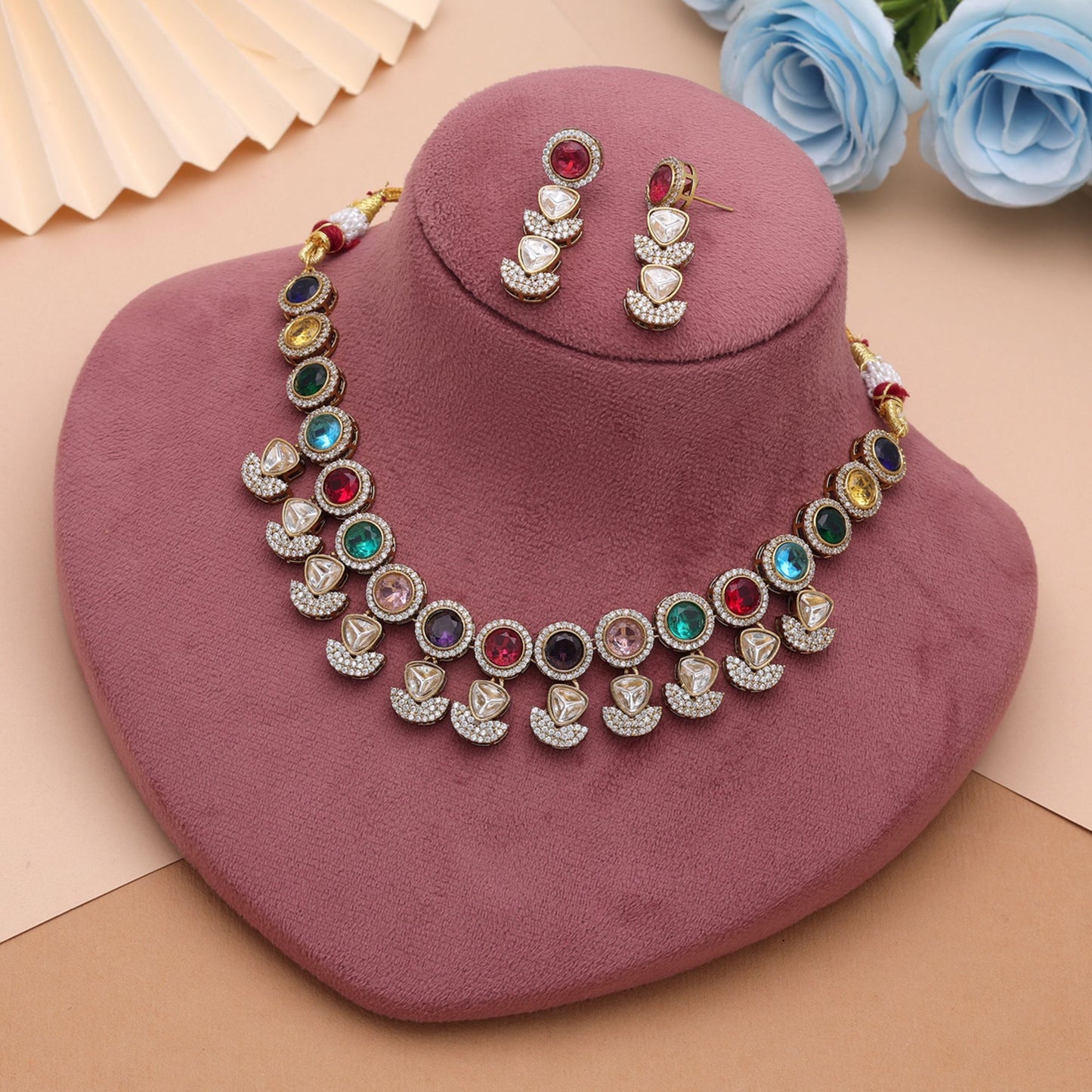 Multi Color American Diamond Navratna Polki Necklace Set Crafted for Stylish Festive Wear