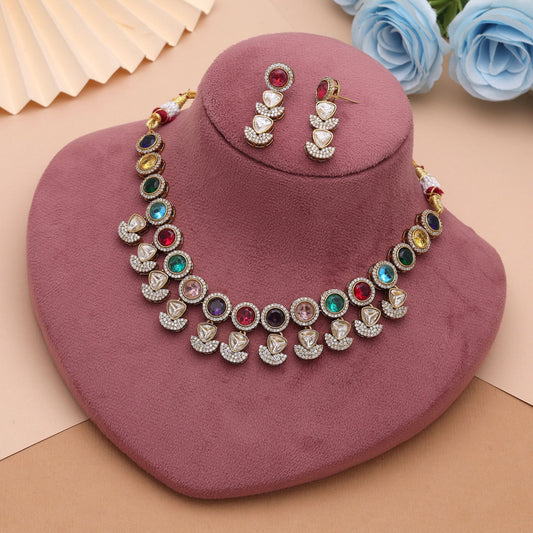 Multi Color American Diamond Navratna Polki Necklace Set Crafted for Stylish Festive Wear