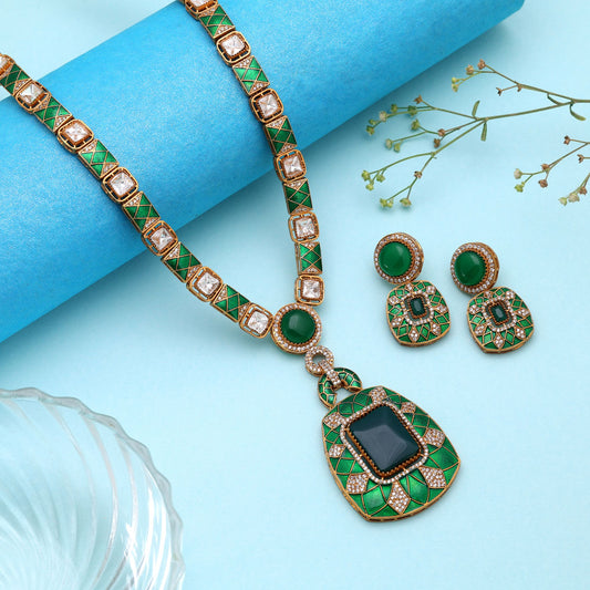 Green Color American Diamond Polki Necklace Set Featuring Premium Traditional Fashion Style