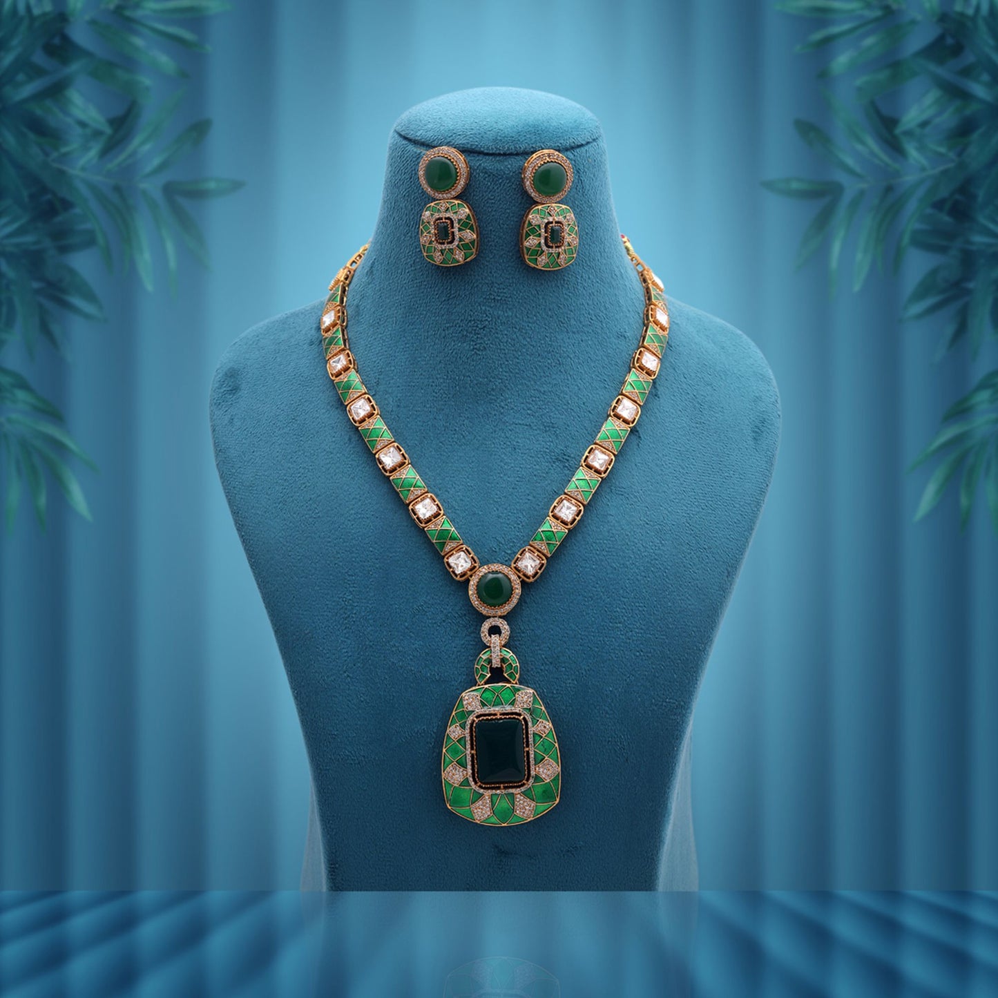 Green Color American Diamond Polki Necklace Set Featuring Premium Traditional Fashion Style
