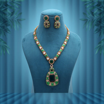 Green Color American Diamond Polki Necklace Set Featuring Premium Traditional Fashion Style