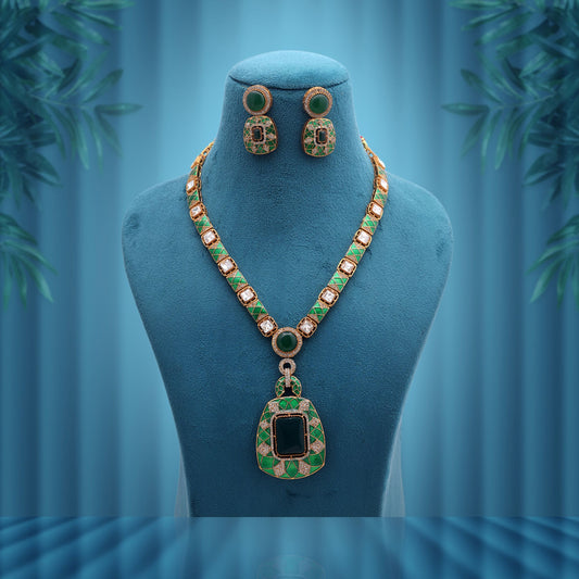 Green Color American Diamond Polki Necklace Set Featuring Premium Traditional Fashion Style