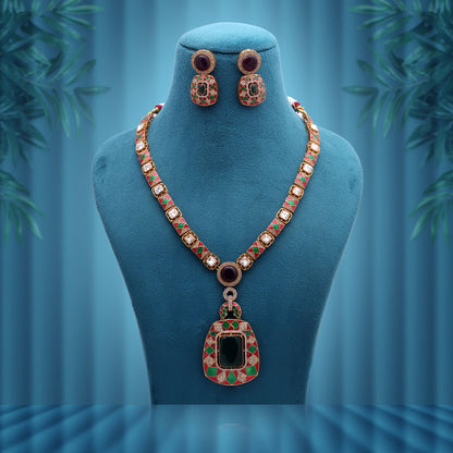 Maroon & Green Color American Diamond Polki Necklace Set with Royal Ethnic Appeal