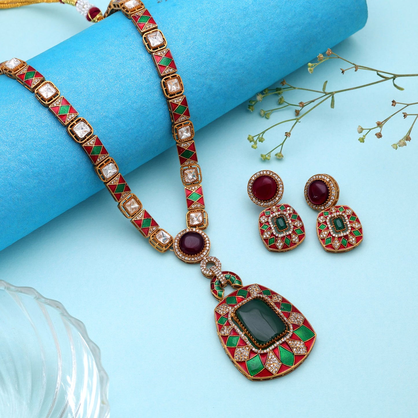 Maroon & Green Color American Diamond Polki Necklace Set with Royal Ethnic Appeal