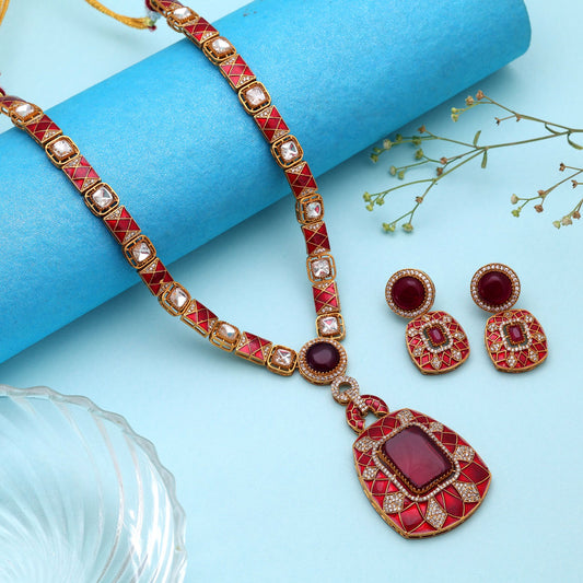 Red Color American Diamond Polki Necklace Set with Elegant Designer Bridal Jewelry Look