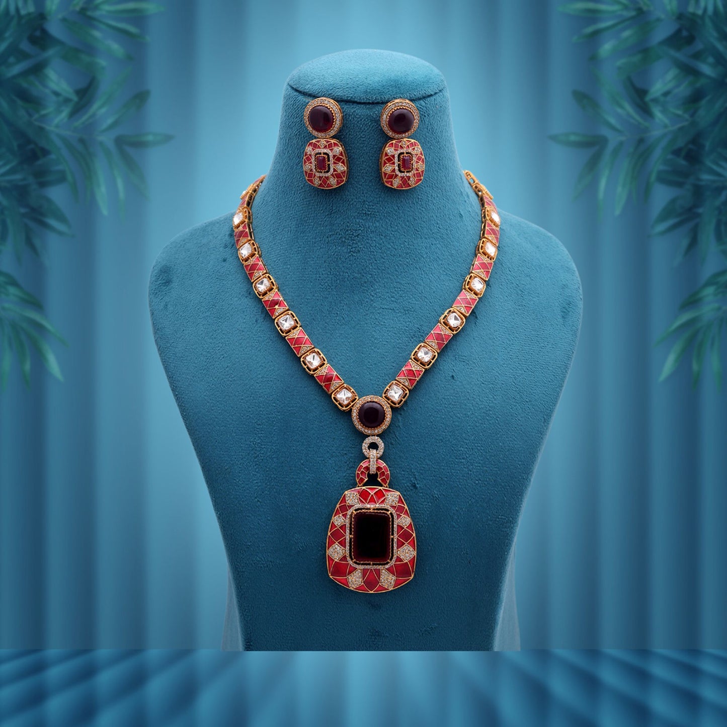 Red Color American Diamond Polki Necklace Set with Elegant Designer Bridal Jewelry Look