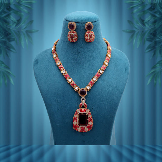 Red Color American Diamond Polki Necklace Set with Elegant Designer Bridal Jewelry Look