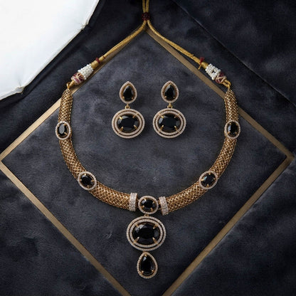 Black Turkish Stone With American Diamond Necklace Set Featuring Royal Fashion Jewelry Style
