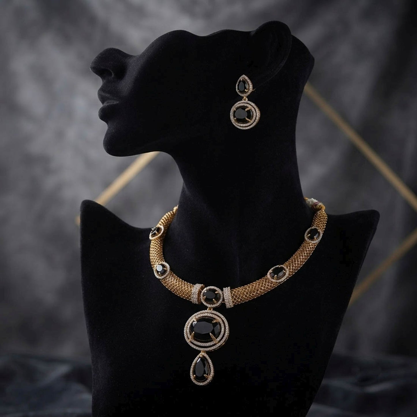Black Turkish Stone With American Diamond Necklace Set Featuring Royal Fashion Jewelry Style