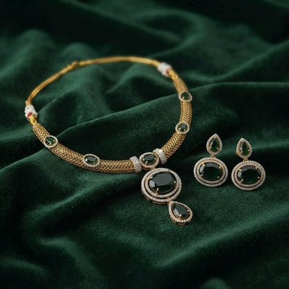 Green Turkish Stone With American Diamond Necklace Set with Beautiful Traditional Appeal