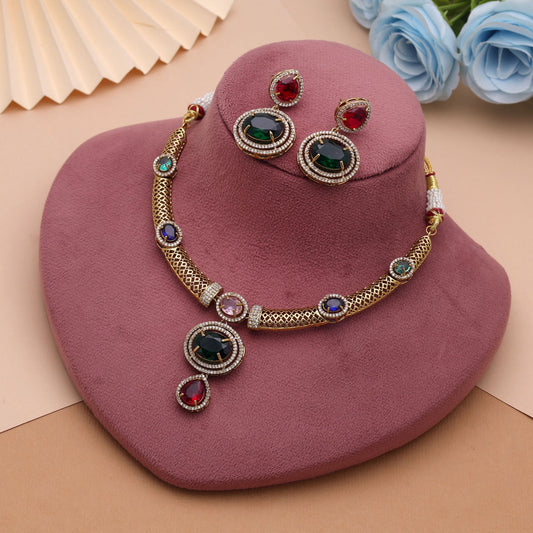 Multi Color Turkish Stone With American Diamond Necklace Set Featuring Stylish Ethnic Design