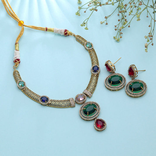 Multi Color Turkish Stone With American Diamond Necklace Set Featuring Stylish Ethnic Design