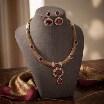 Red Turkish Stone With American Diamond Necklace Set Featuring Elegant Party Wear Style
