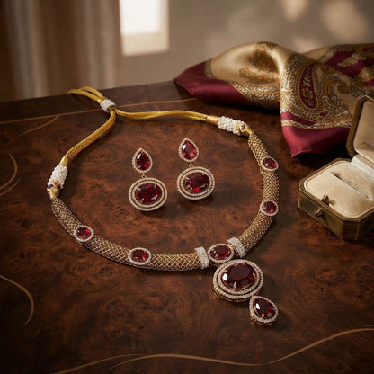Red Turkish Stone With American Diamond Necklace Set Featuring Elegant Party Wear Style