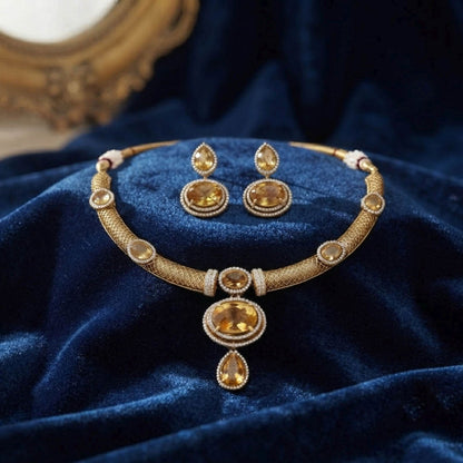 Yellow Turkish Stone With American Diamond Necklace Set with Premium Designer Finish