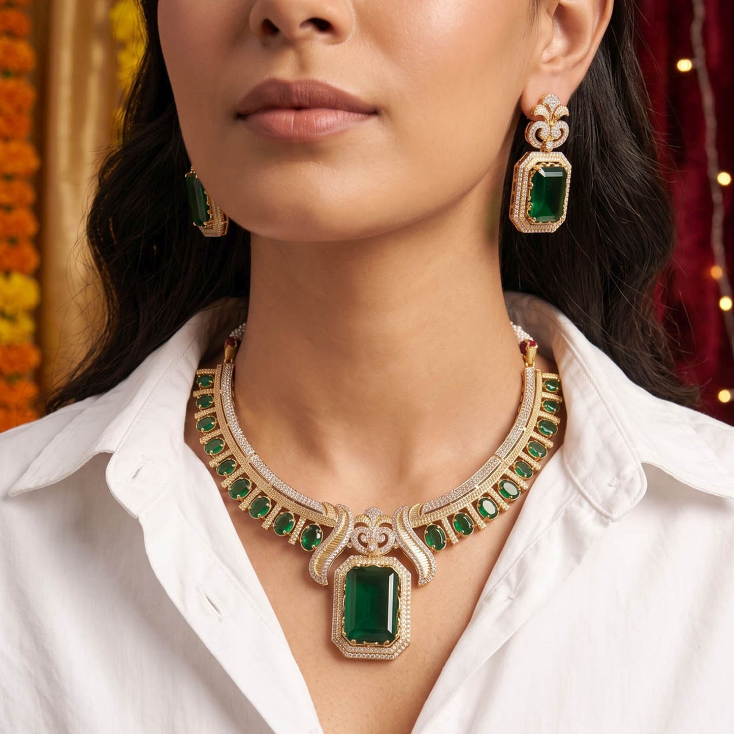 Green Turkish Stone With American Diamond Necklace Set with Elegant Designer Jewelry Appeal