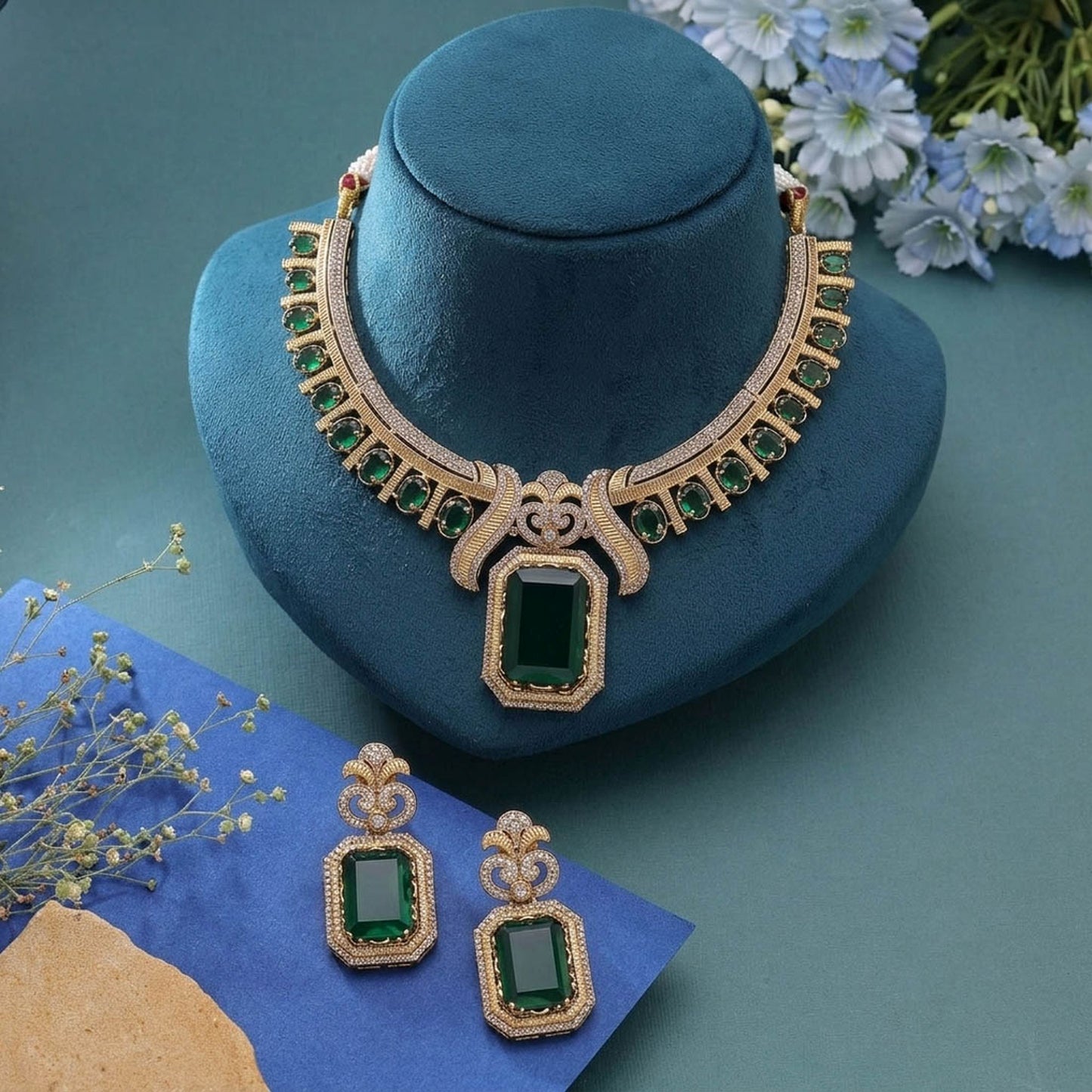 Green Turkish Stone With American Diamond Necklace Set with Elegant Designer Jewelry Appeal