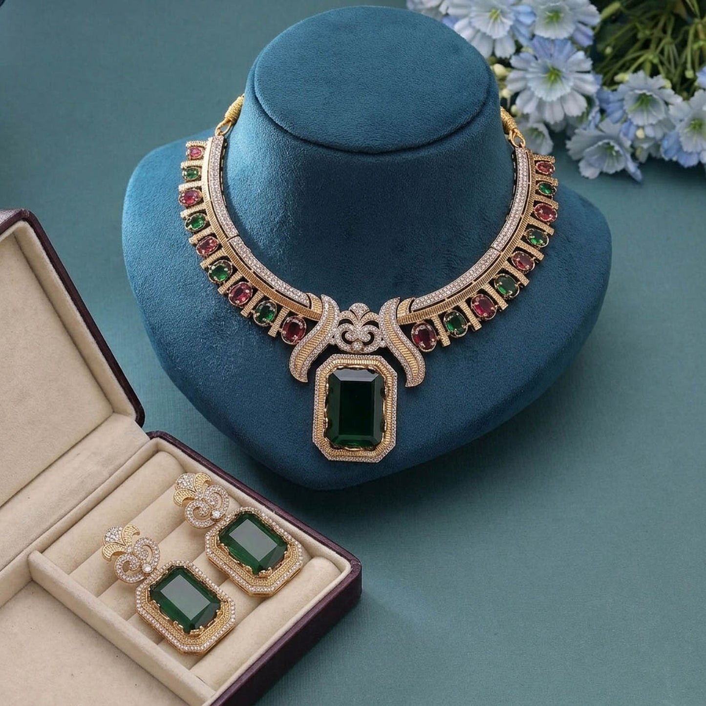 Multi Color Turkish Stone With American Diamond Necklace Set with Graceful Party Wear Style
