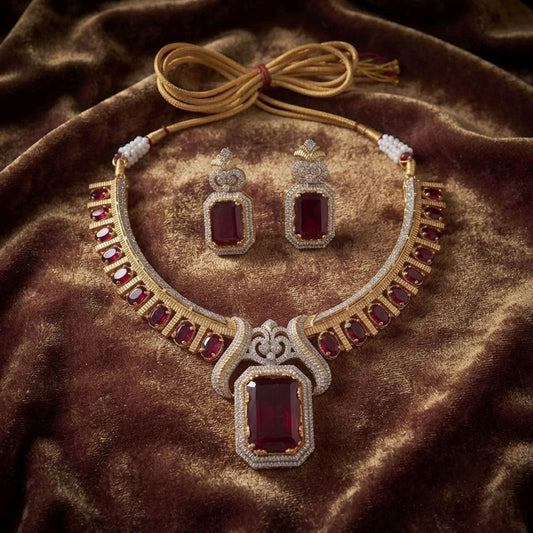 Red Turkish Stone With American Diamond Necklace Set Crafted for Festive Fashion Wear