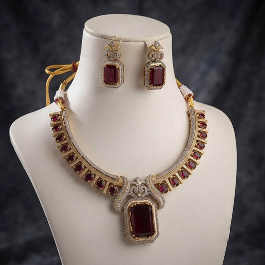 Red Turkish Stone With American Diamond Necklace Set Crafted for Festive Fashion Wear