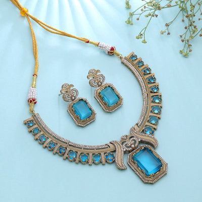 Teal Blue Turkish Stone With American Diamond Necklace Set Featuring Premium Crystal Finish