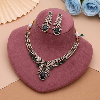Green Turkish Stone With American Diamond Necklace Set Crafted with Elegant Fashion Style