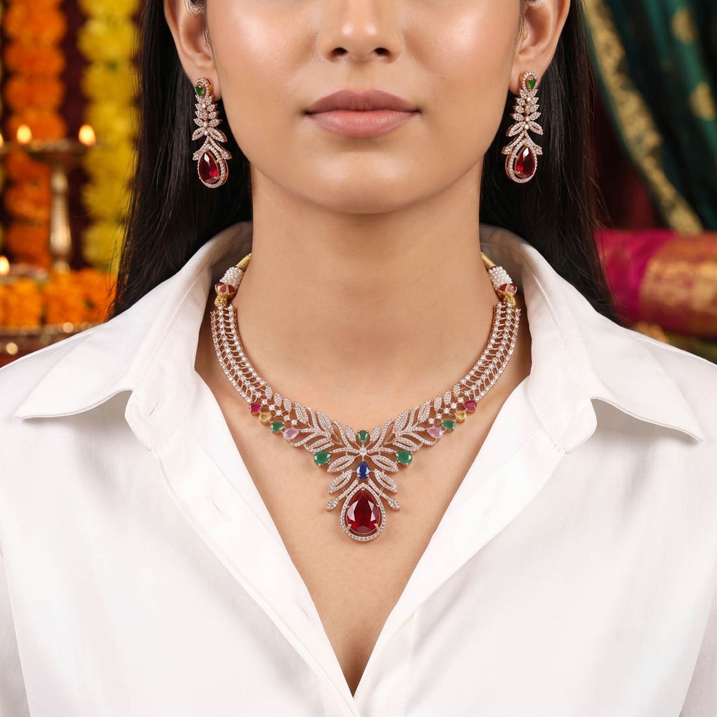 Red Turkish Stone With American Diamond Necklace Set Featuring Luxury Traditional Design