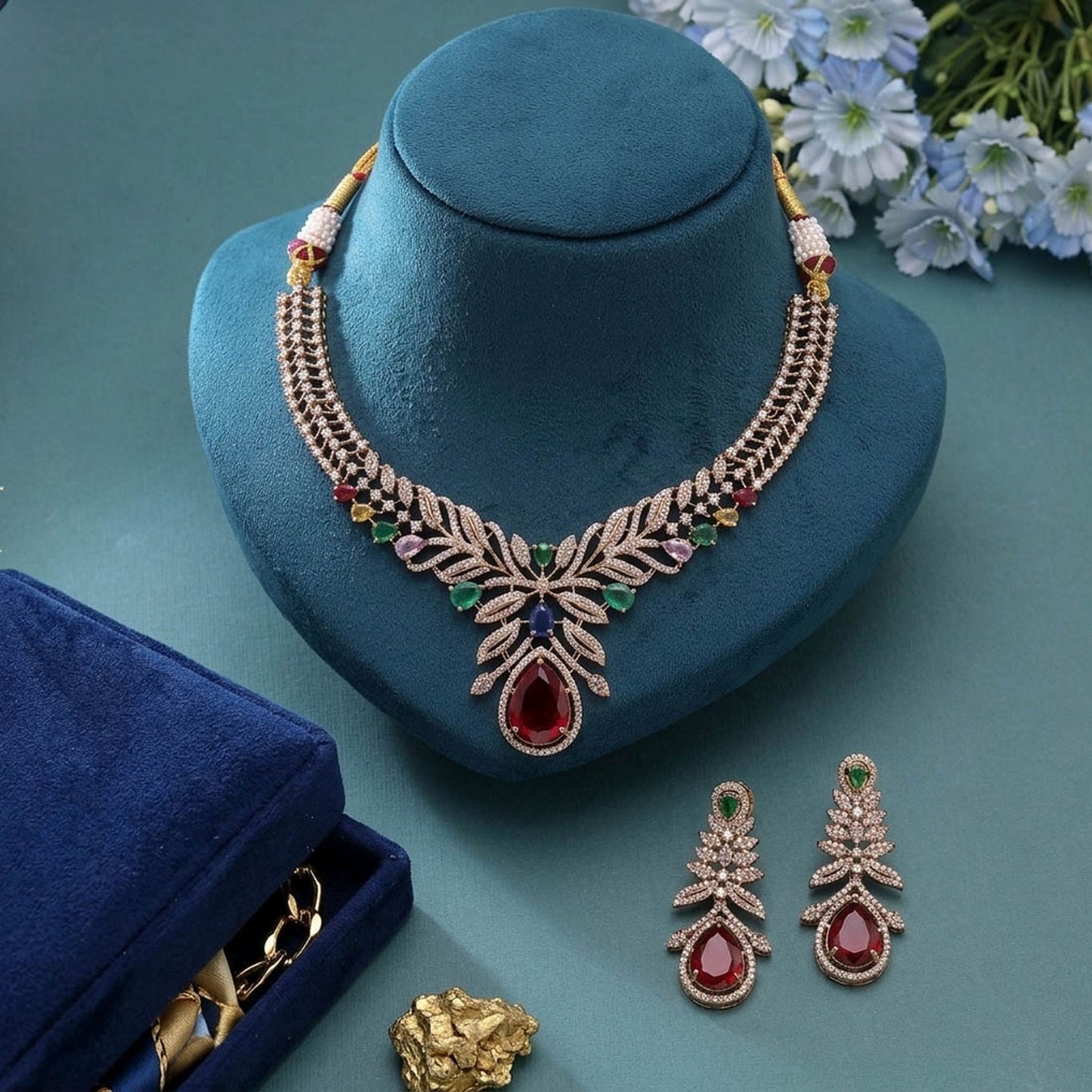 Red Turkish Stone With American Diamond Necklace Set Featuring Luxury Traditional Design