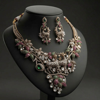 Multi Color Turkish Stone American Diamond Polki Turkish Necklace Set with Elegant Bridal Style