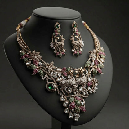 Multi Color Turkish Stone American Diamond Polki Turkish Necklace Set with Elegant Bridal Style