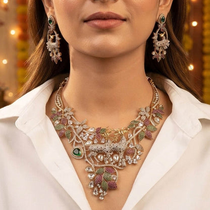 Multi Color Turkish Stone American Diamond Polki Turkish Necklace Set with Elegant Bridal Style