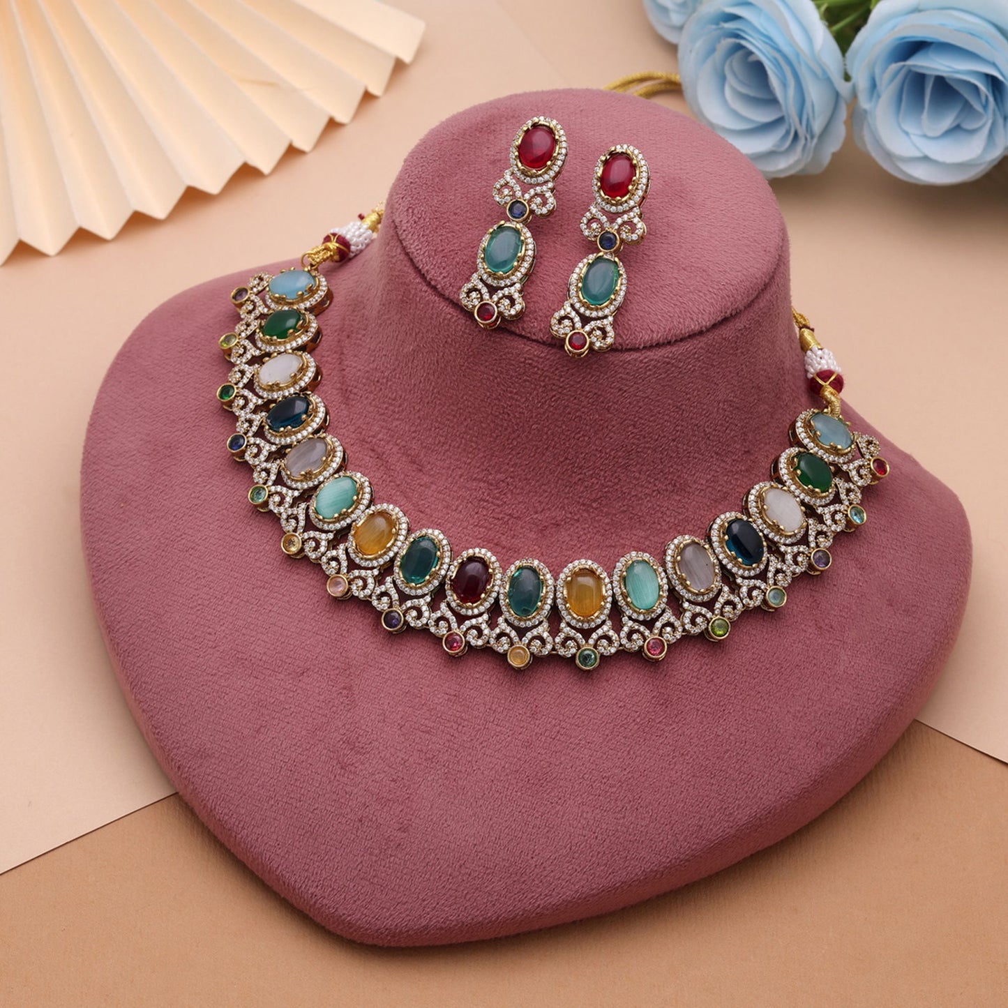 Multi Color American Diamond Navratna Necklace Set with Premium Traditional Jewelry Collection
