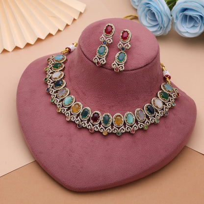 Multi Color American Diamond Navratna Necklace Set with Premium Traditional Jewelry Collection
