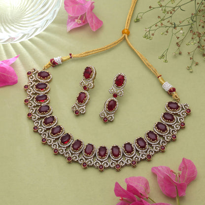 Red Color American Diamond Navratna Necklace Set Featuring Beautiful Festive Designer Appeal