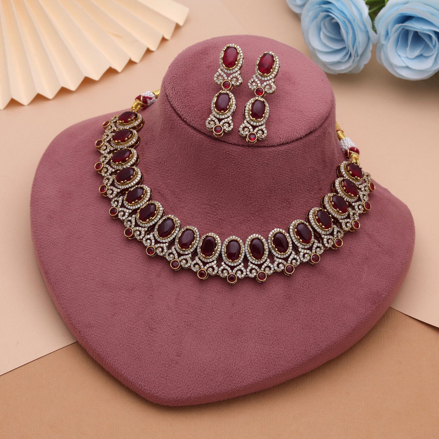 Red Color American Diamond Navratna Necklace Set Featuring Beautiful Festive Designer Appeal