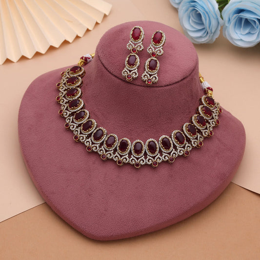 Red Color American Diamond Navratna Necklace Set Featuring Beautiful Festive Designer Appeal