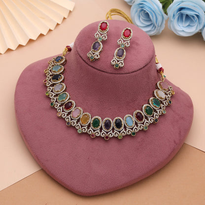 Multi Color American Diamond Navratna Necklace Set Crafted for Elegant Bridal Fashion Wear