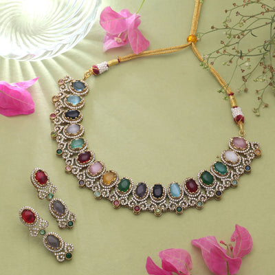Multi Color American Diamond Navratna Necklace Set Crafted for Elegant Bridal Fashion Wear