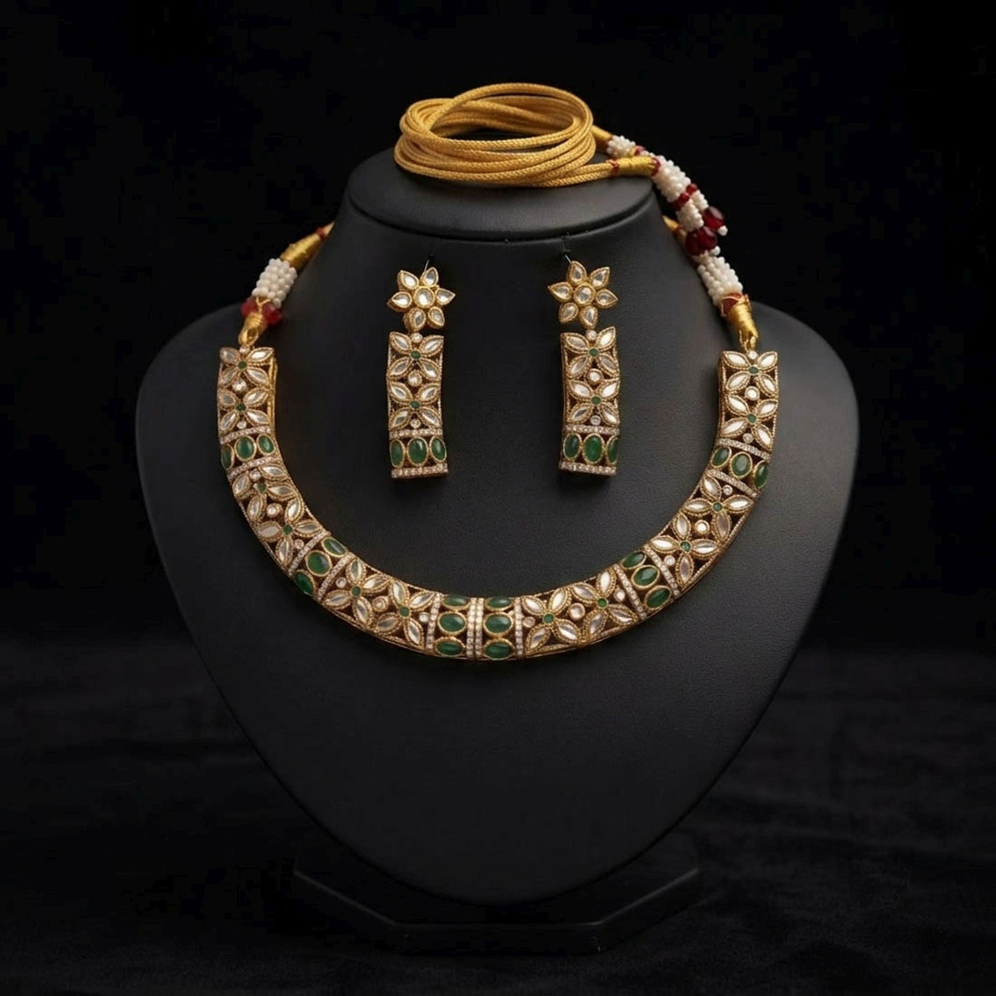 Green Color American Diamond Polki Necklace Set with Stylish Traditional Jewelry Finish