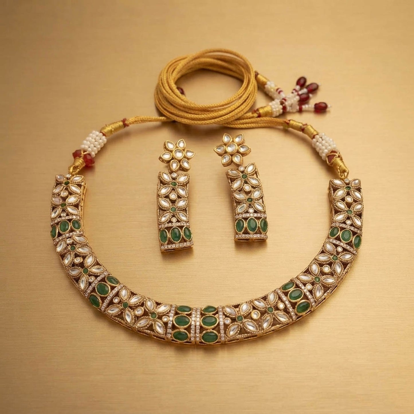 Green Color American Diamond Polki Necklace Set with Stylish Traditional Jewelry Finish