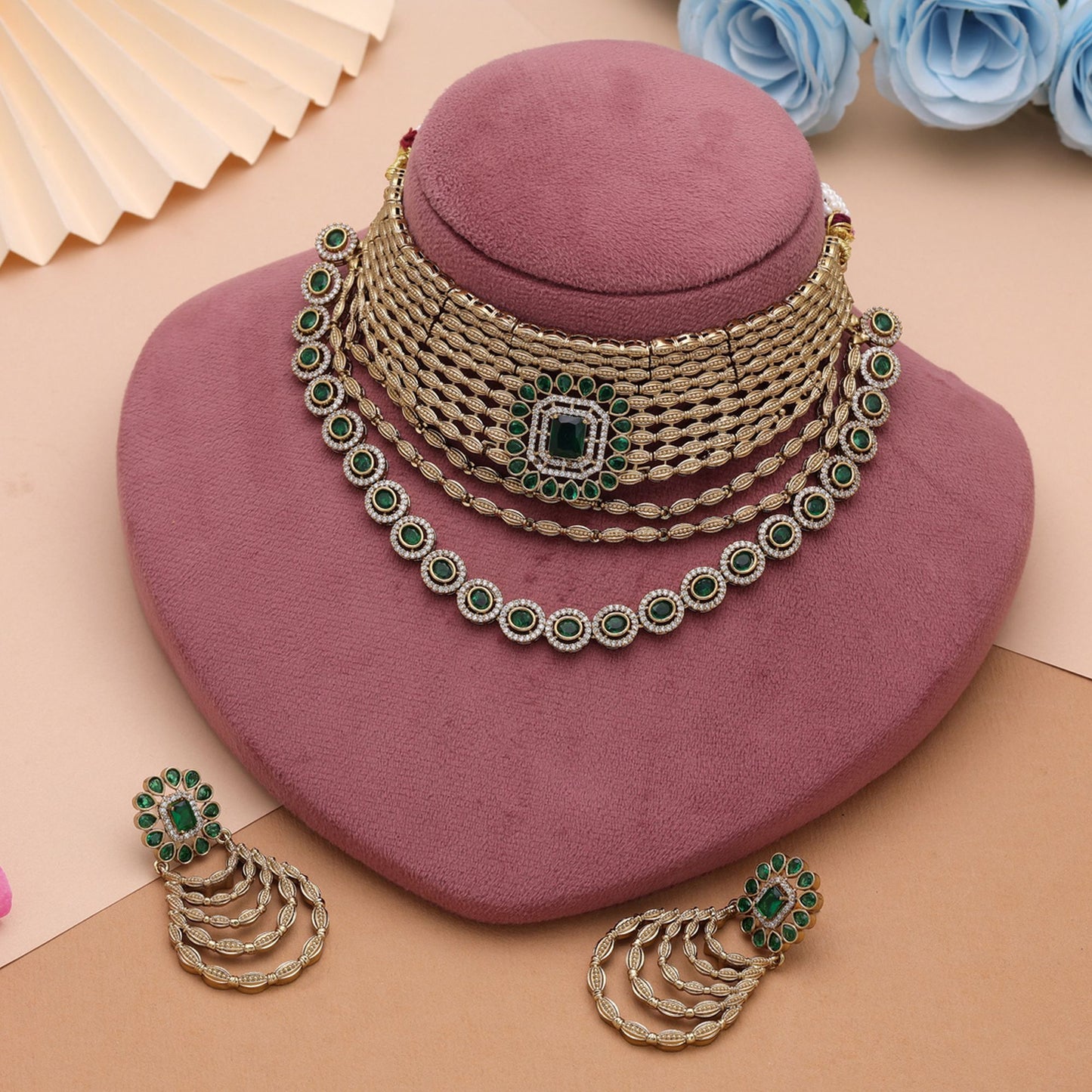 Green Color American Diamond Choker Necklace Set with Premium Designer Jewelry Appeal